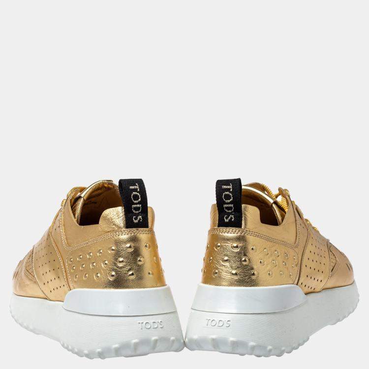 Pre Owned Tod's Metallic Gold Perforated Leather Sneakers Size 38.5