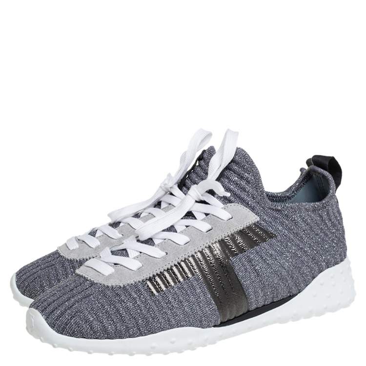 Pre Owned Tod's Metallic Grey/Black Knit Fabric And Leather Sneakers Size 40
