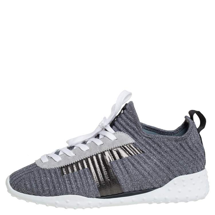 Pre Owned Tod's Metallic Grey/Black Knit Fabric And Leather Sneakers Size 40