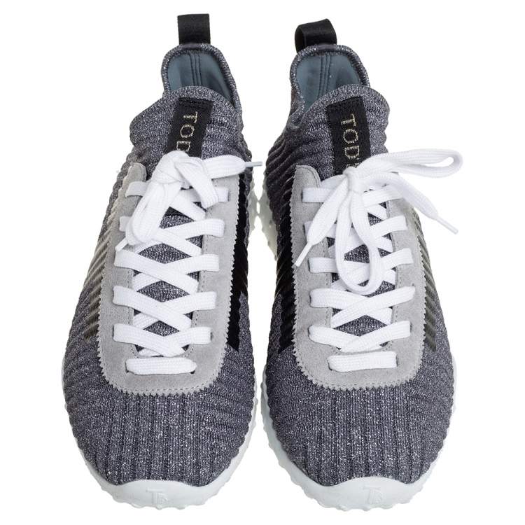Pre Owned Tod's Metallic Grey/Black Knit Fabric And Leather Sneakers Size 40