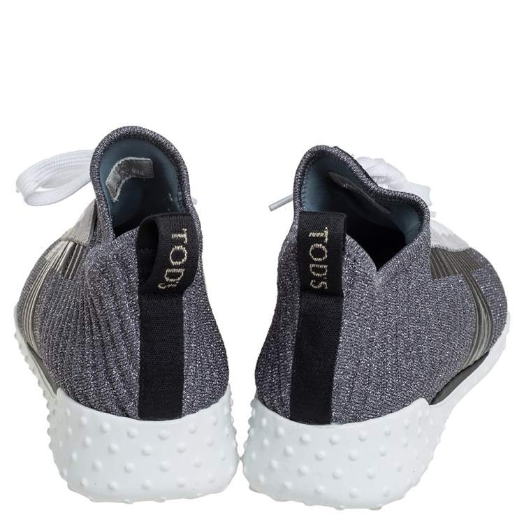 Pre Owned Tod's Metallic Grey/Black Knit Fabric And Leather Sneakers Size 40