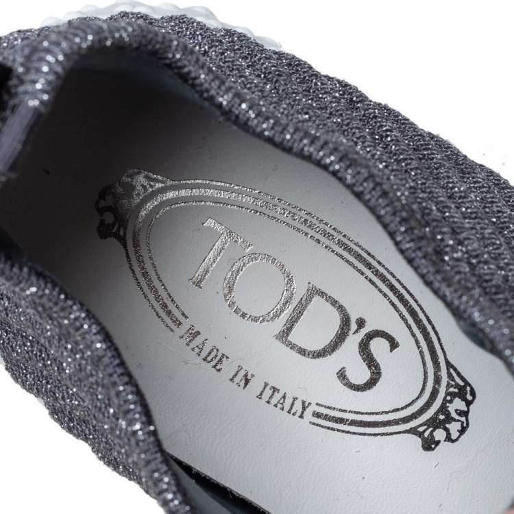 Pre Owned Tod's Metallic Grey/Black Knit Fabric And Leather Sneakers Size 40