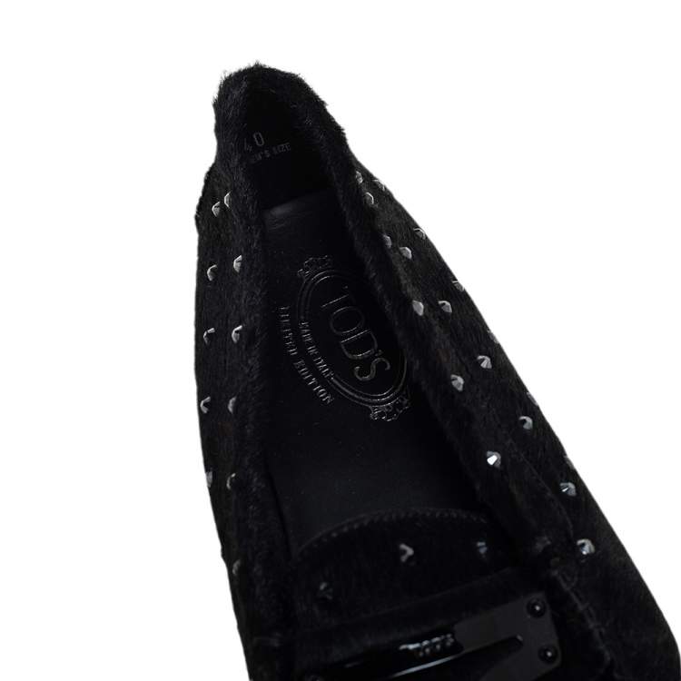 Pre Owned Tod's Limited Edition Black Pony Hair Crystal Embellished Penny Loafers Size 40