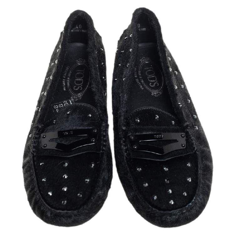Pre Owned Tod's Limited Edition Black Pony Hair Crystal Embellished Penny Loafers Size 40