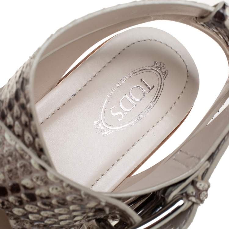 Pre Owned Tod's Brown/Cream Python Leather Ankle Strap Flat Sandals Size 37.5