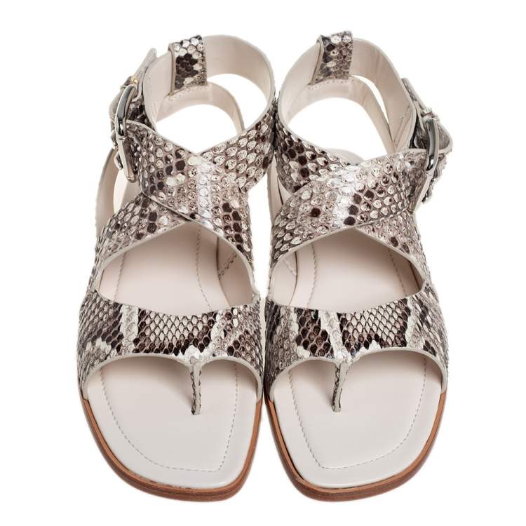 Pre Owned Tod's Brown/Cream Python Leather Ankle Strap Flat Sandals Size 37.5