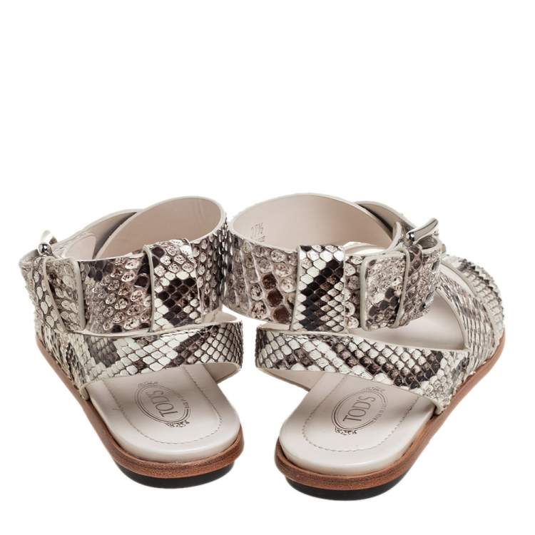Pre Owned Tod's Brown/Cream Python Leather Ankle Strap Flat Sandals Size 37.5