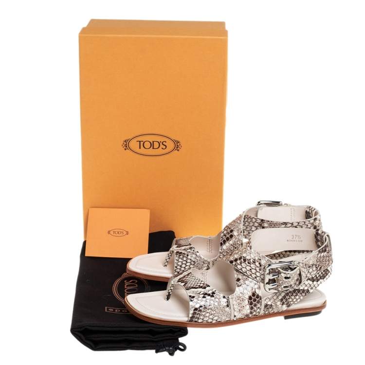 Pre Owned Tod's Brown/Cream Python Leather Ankle Strap Flat Sandals Size 37.5