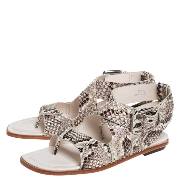 Pre Owned Tod's Brown/Cream Python Leather Ankle Strap Flat Sandals Size 37.5