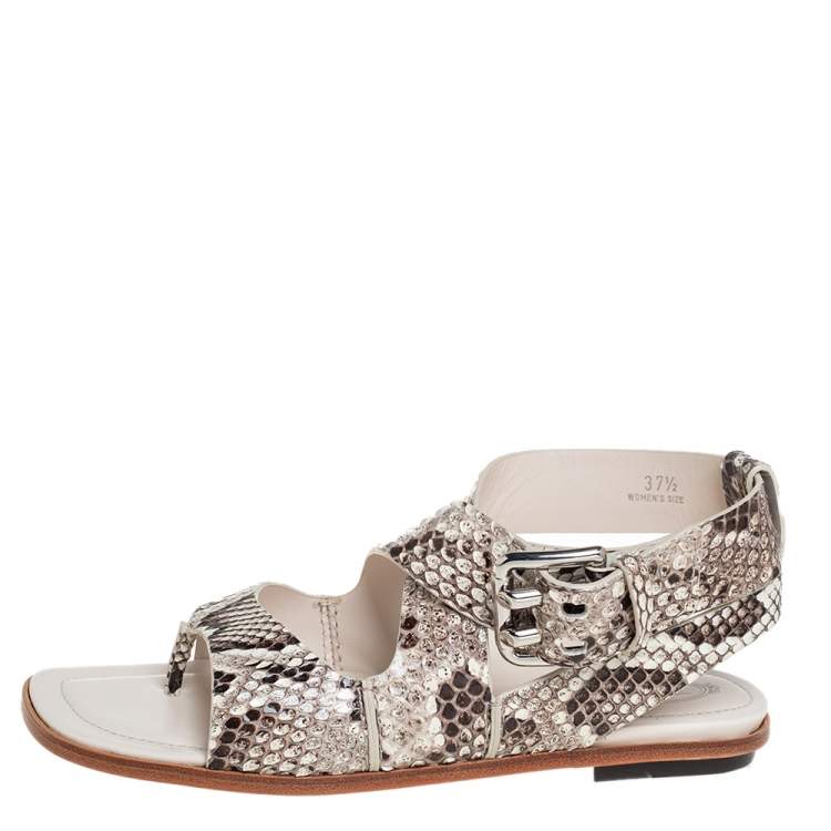 Pre Owned Tod's Brown/Cream Python Leather Ankle Strap Flat Sandals Size 37.5