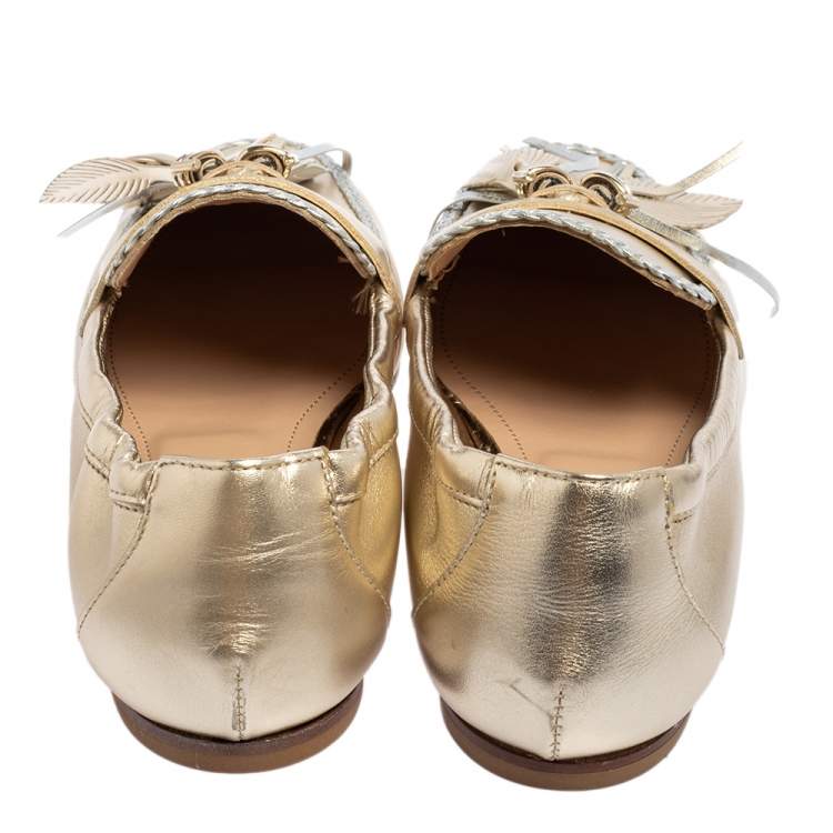 مملوكة مسبقًا Tod's Metallic Gold/Silver Leather Fringe Slip On Loafers Size 36.5