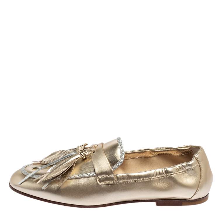 مملوكة مسبقًا Tod's Metallic Gold/Silver Leather Fringe Slip On Loafers Size 36.5