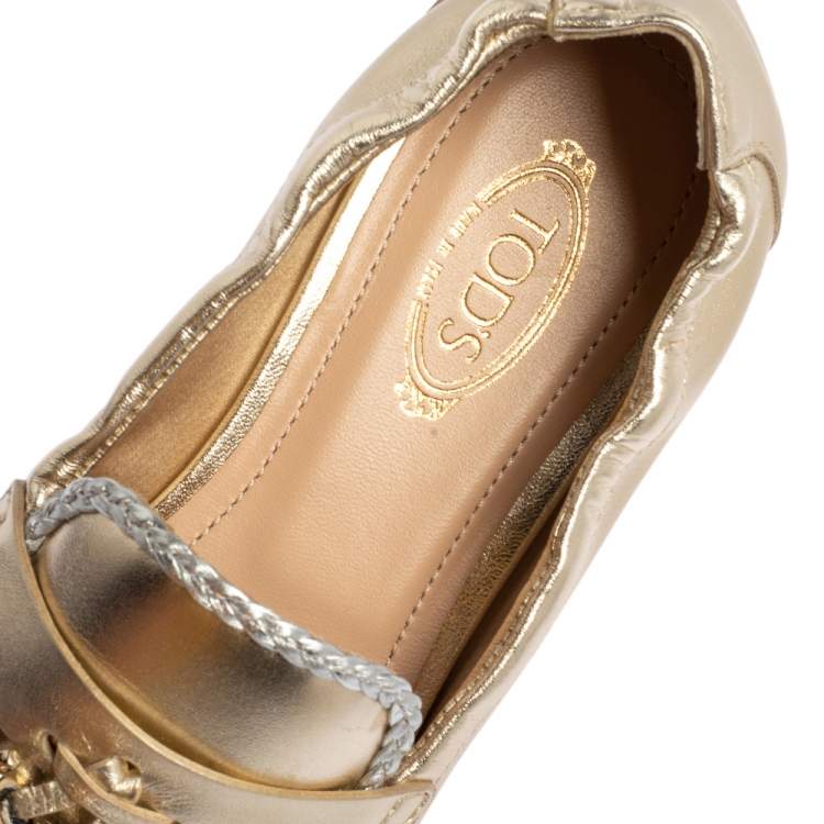 مملوكة مسبقًا Tod's Metallic Gold/Silver Leather Fringe Slip On Loafers Size 36.5