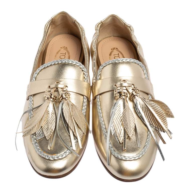 مملوكة مسبقًا Tod's Metallic Gold/Silver Leather Fringe Slip On Loafers Size 36.5