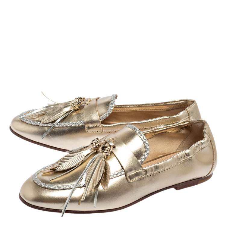 مملوكة مسبقًا Tod's Metallic Gold/Silver Leather Fringe Slip On Loafers Size 36.5