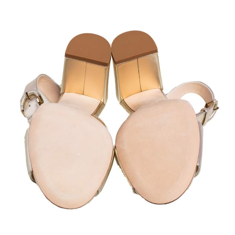 Pre Owned Tod's Metallic Gold Leather Crisscross Block Heel Slingback Sandals Size 36