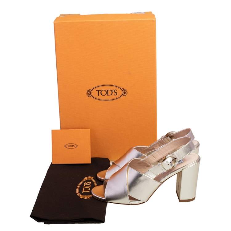 Pre Owned Tod's Metallic Gold Leather Crisscross Block Heel Slingback Sandals Size 36