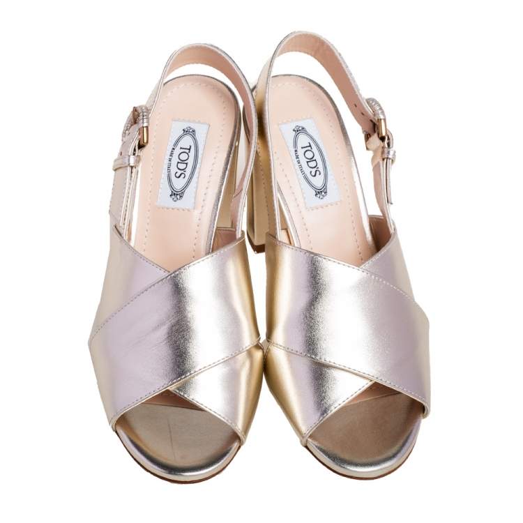 Pre Owned Tod's Metallic Gold Leather Crisscross Block Heel Slingback Sandals Size 36