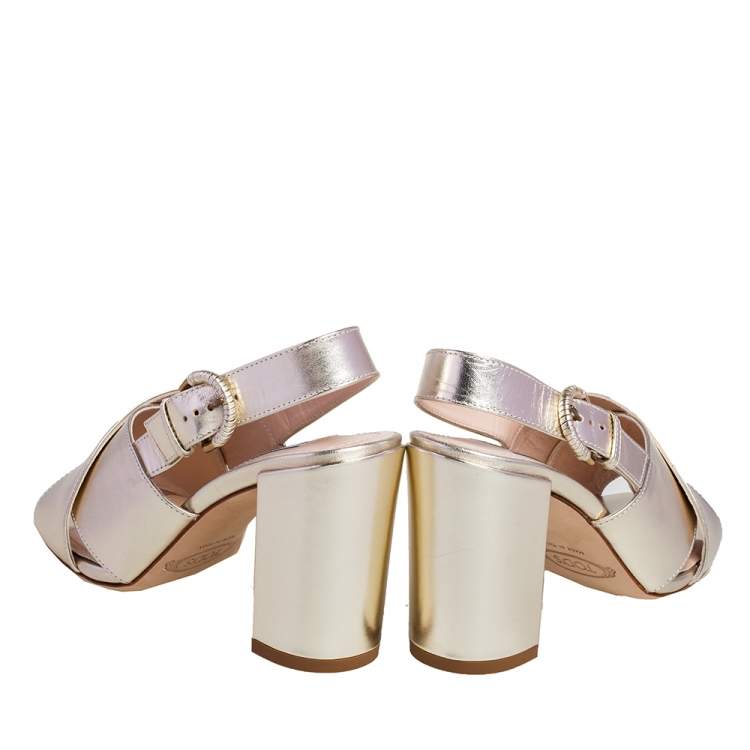 Pre Owned Tod's Metallic Gold Leather Crisscross Block Heel Slingback Sandals Size 36