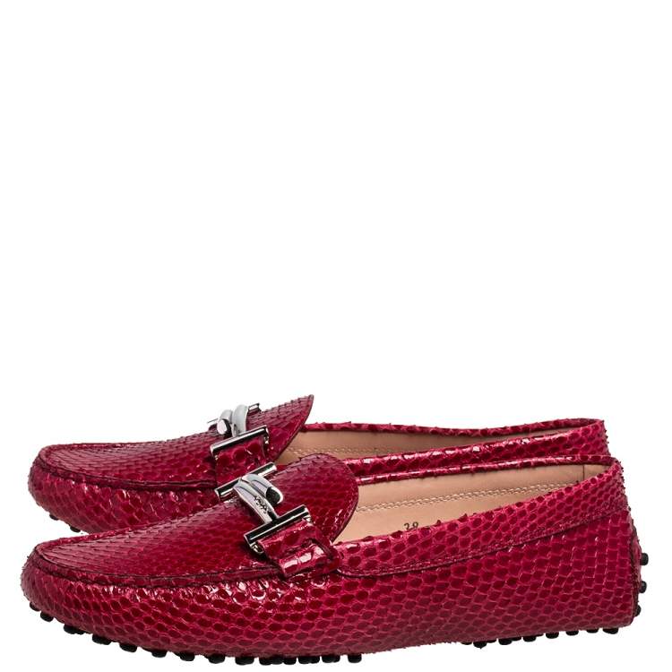 Pre Owned Tod's Red Python Double T Slip On Loafers Size 38