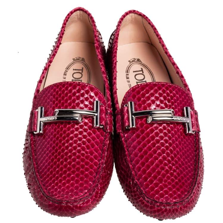 Pre Owned Tod's Red Python Double T Slip On Loafers Size 38