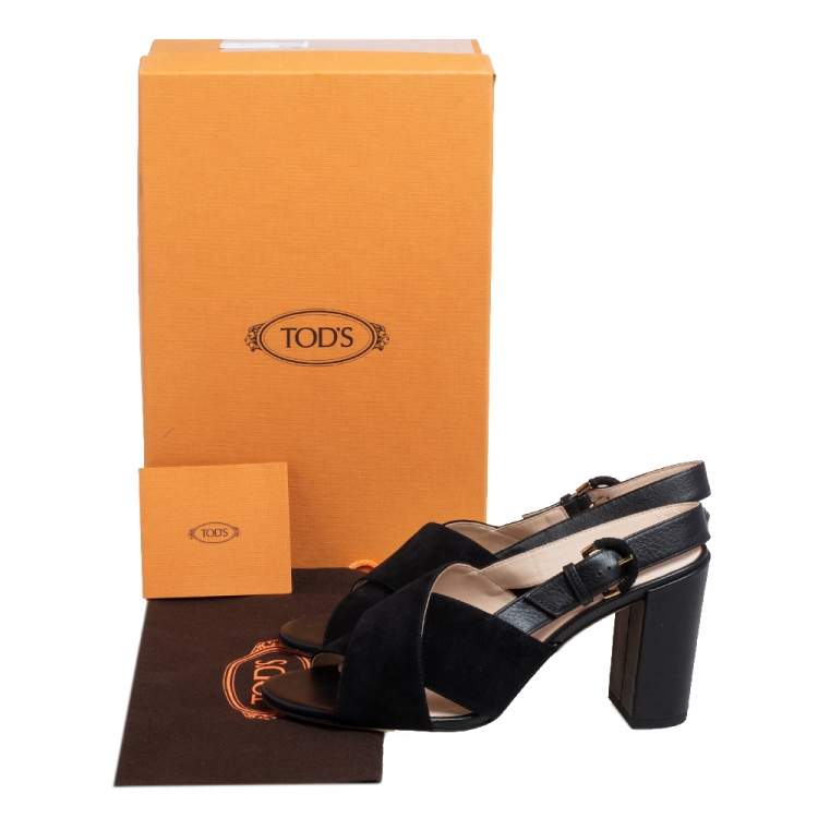 Pre Owned Tod's Black Suede Crisscross Block Heel Slingback Sandals Size 37.5