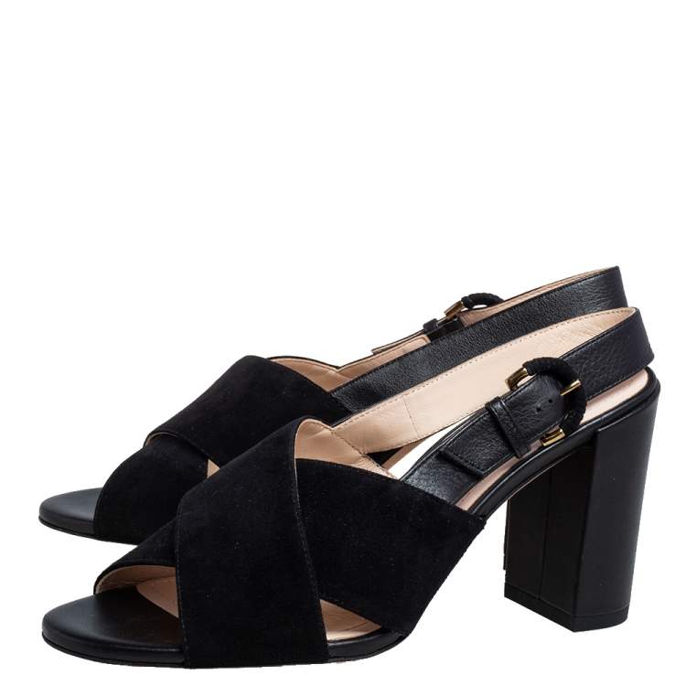 Pre Owned Tod's Black Suede Crisscross Block Heel Slingback Sandals Size 37.5