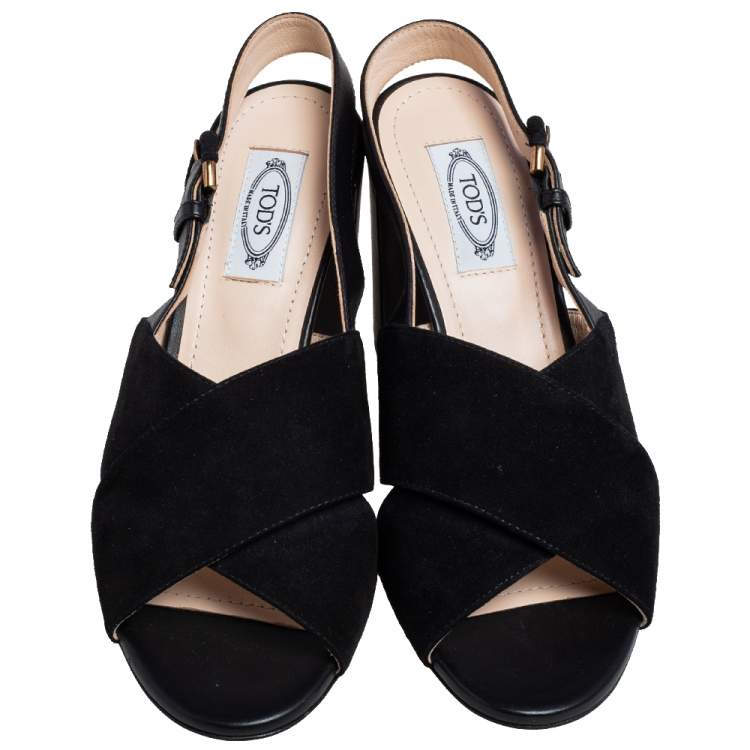 Pre Owned Tod's Black Suede Crisscross Block Heel Slingback Sandals Size 37.5
