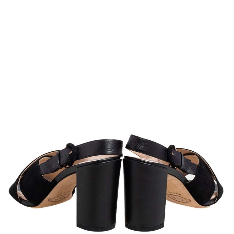 Pre Owned Tod's Black Suede Crisscross Block Heel Slingback Sandals Size 37.5