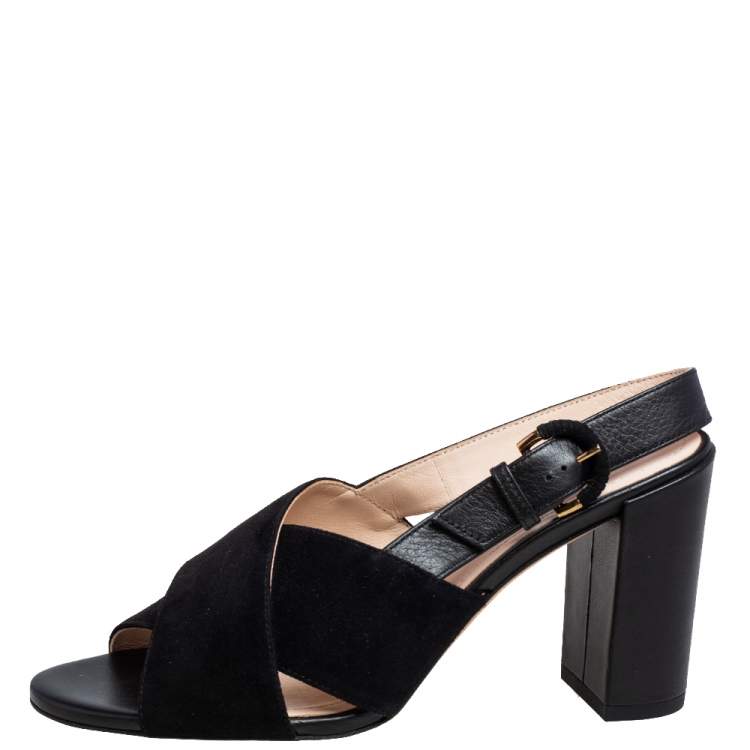 Pre Owned Tod's Black Suede Crisscross Block Heel Slingback Sandals Size 37.5