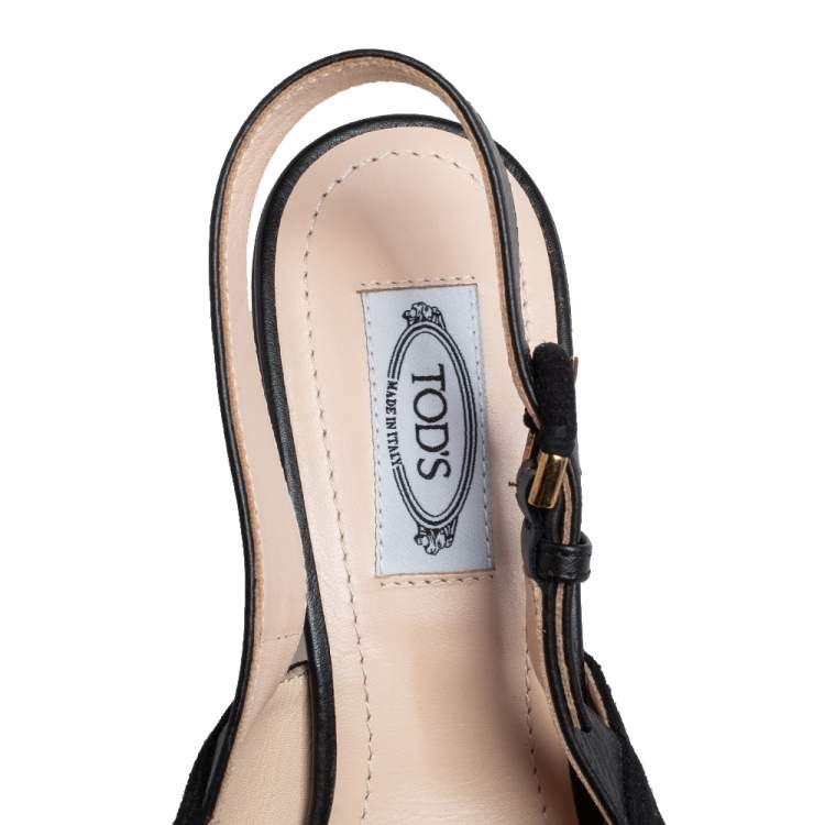 Pre Owned Tod's Black Suede Crisscross Block Heel Slingback Sandals Size 37.5