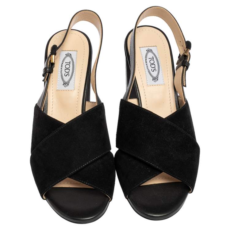 Pre Owned Tod's Black Suede and Leather Crisscross Block Heel Slingback Sandals Size 37.5