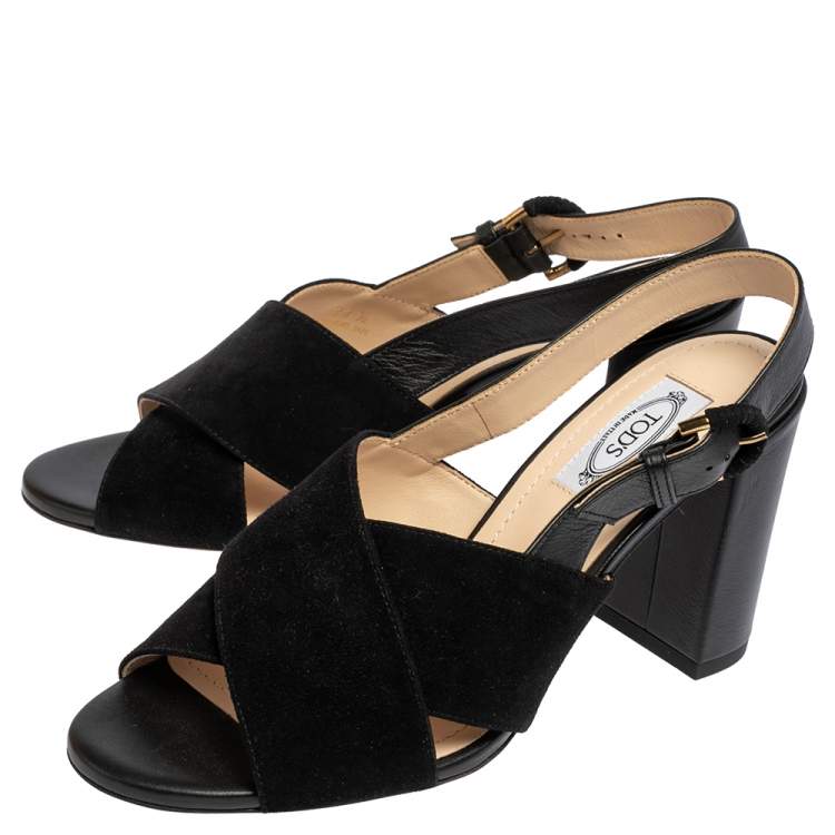 Pre Owned Tod's Black Suede and Leather Crisscross Block Heel Slingback Sandals Size 37.5