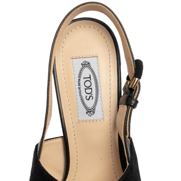 Pre Owned Tod's Black Suede and Leather Crisscross Block Heel Slingback Sandals Size 37.5