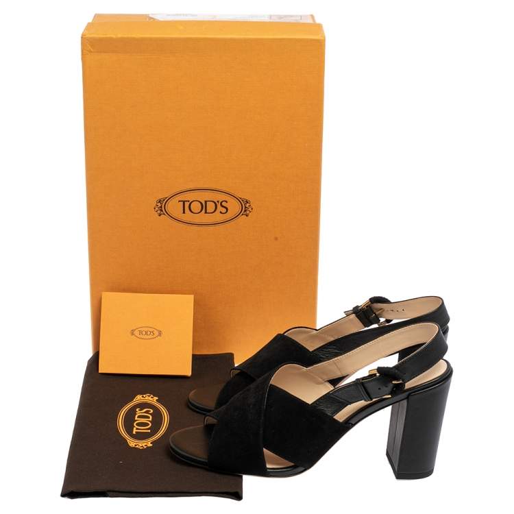 Pre Owned Tod's Black Suede and Leather Crisscross Block Heel Slingback Sandals Size 37.5