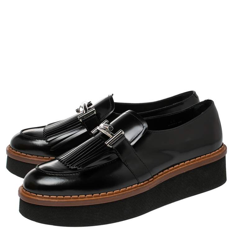 Pre Owned Tod's Black Glazed Leather Kiltie Platform Loafers Size 40