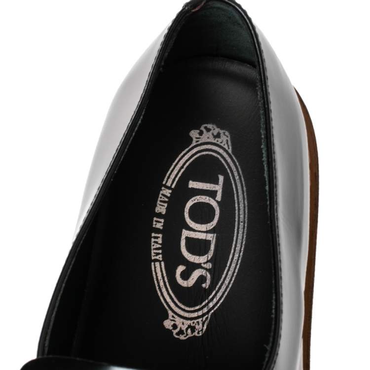 Pre Owned Tod's Black Glazed Leather Kiltie Platform Loafers Size 40