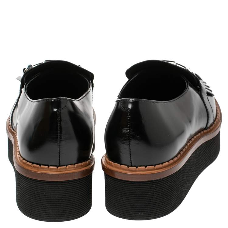 Pre Owned Tod's Black Glazed Leather Kiltie Platform Loafers Size 40