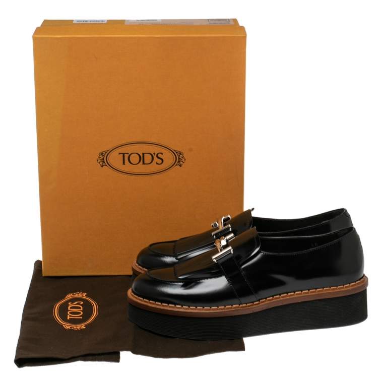 Pre Owned Tod's Black Glazed Leather Kiltie Platform Loafers Size 40