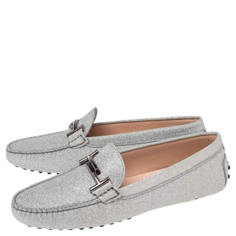 Pre Owned Tod's Metallic Sliver Glitter Double T Slip On Loafers Size 39.5