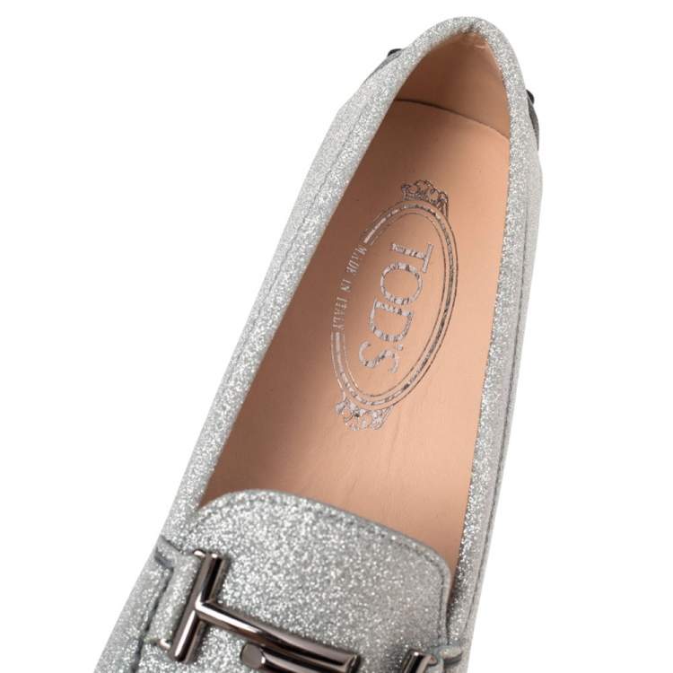Pre Owned Tod's Metallic Sliver Glitter Double T Slip On Loafers Size 39.5