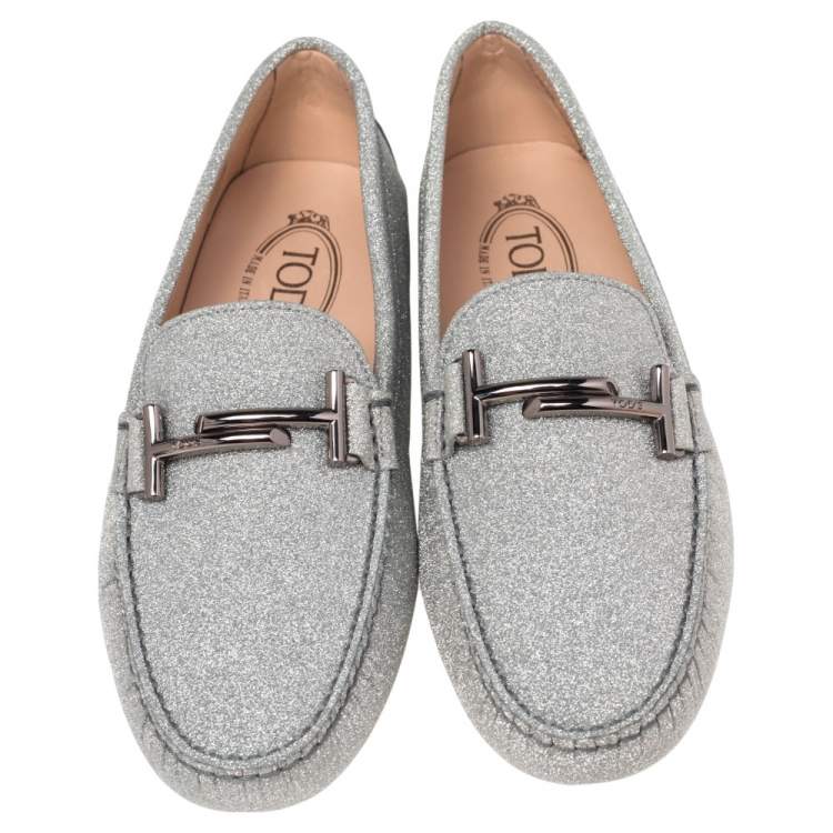 Pre Owned Tod's Metallic Sliver Glitter Double T Slip On Loafers Size 39.5