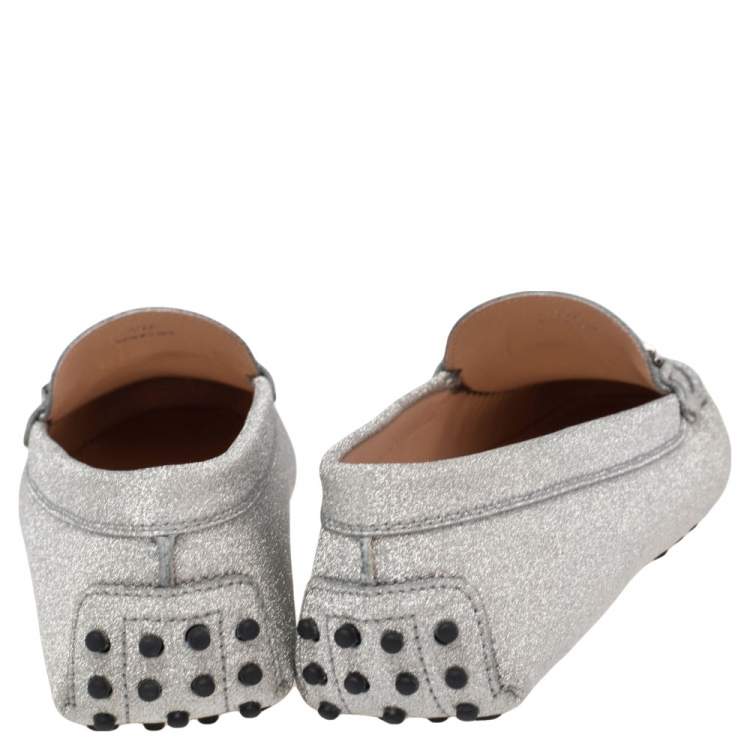 Pre Owned Tod's Metallic Sliver Glitter Double T Slip On Loafers Size 39.5