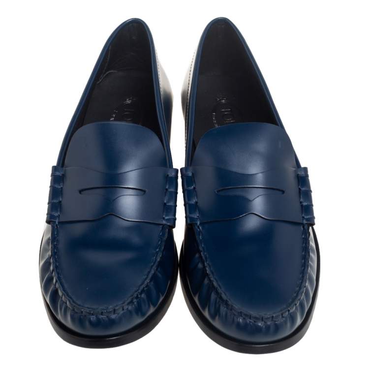 Pre Owned Tod's Navy Blue Leather Slip On Loafers Size 36