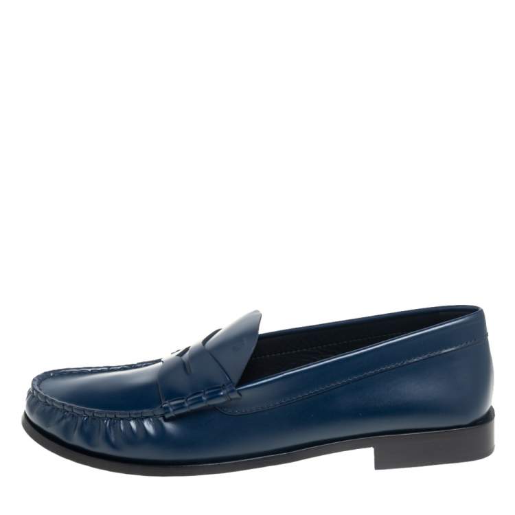 Pre Owned Tod's Navy Blue Leather Slip On Loafers Size 39.5