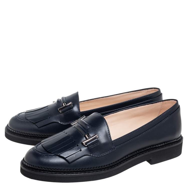 Pre Owned Tod's Navy Blue Leather Fringed Loafers Size 39.5