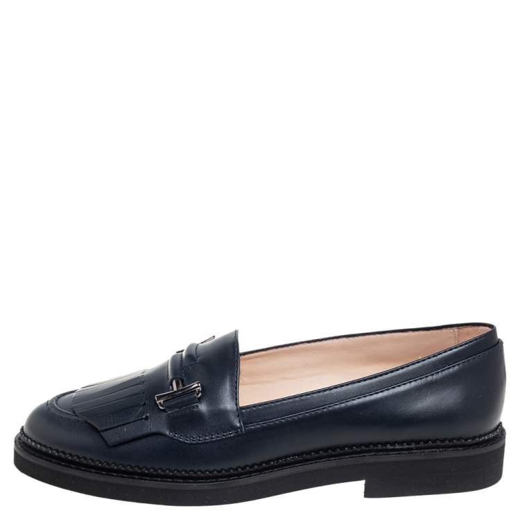 Pre Owned Tod's Navy Blue Leather Fringed Loafers Size 39.5