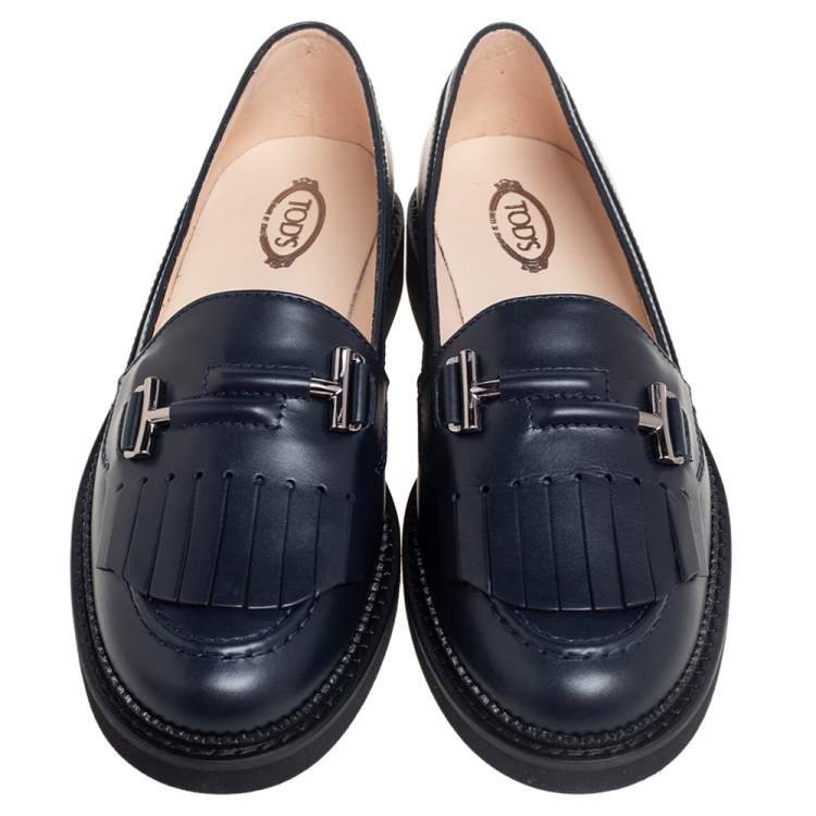 Pre Owned Tod's Navy Blue Leather Fringed Loafers Size 39.5