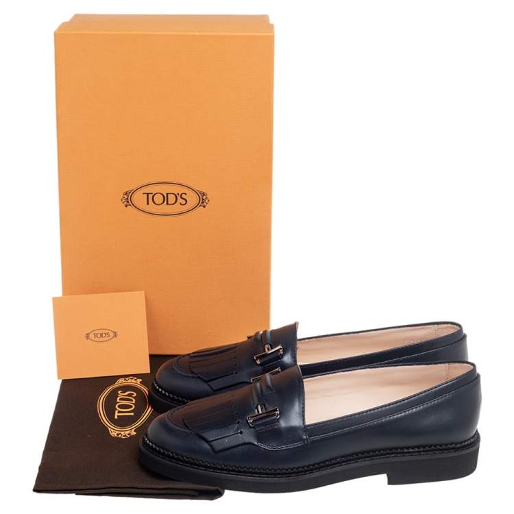 Pre Owned Tod's Navy Blue Leather Fringed Loafers Size 39.5