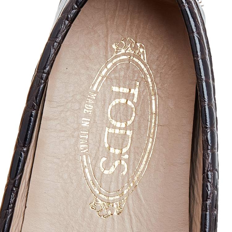 Pre Owned Tod's Brown Croc Embossed Leather Fringes Tassels Loafers Size 38.5